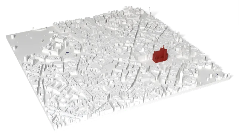 Mappa 3D di Milano con Duomo di Milano in rosso