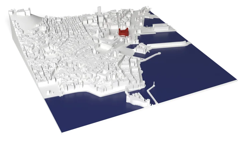 Mappa 3D di Napoli con Maschio Angioino in rosso